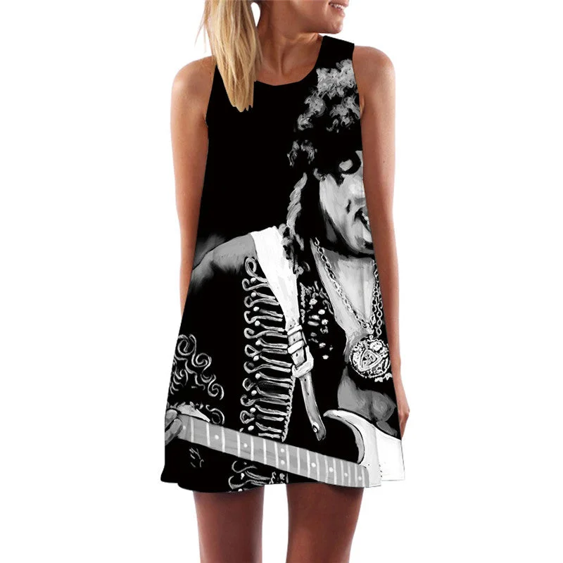 Music Dress Women Character Sexy Metal Ladies Dresses Black Boho Vintage Beach Womens Clothing Elegant