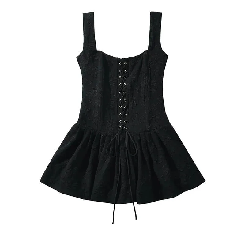 Corseted Bodice Tie-up Front Pleated Square Neck Mini Dress Cozy Wraparound Mini Dress