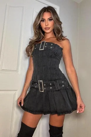 Denim Belted Pleats Mini Dress Casual High-Waist Mini Dress