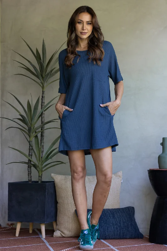 DENIM RIBBED KNIT PATCH POCKET SHIRT MINI DRESS ND30183 Stylish Sweetheart Neck Mini Dress