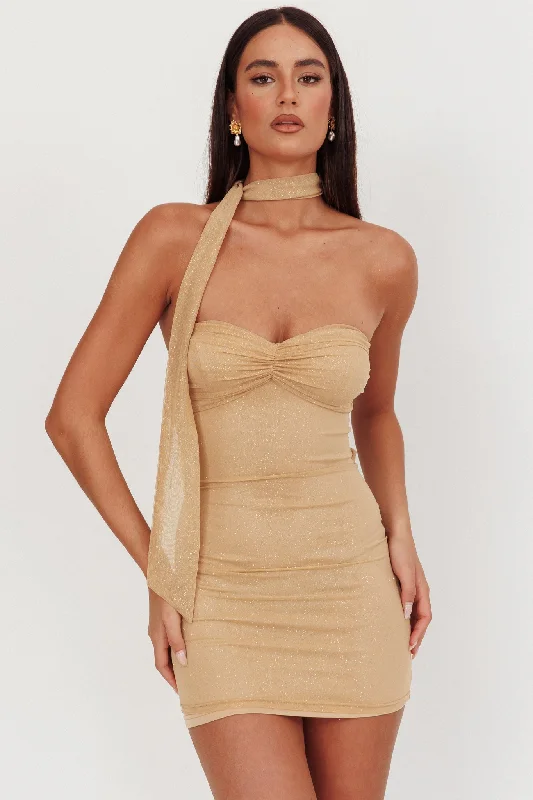 Elma Bandeau Neck Tie Mini Dress Gold Chic Halter Mini Dress