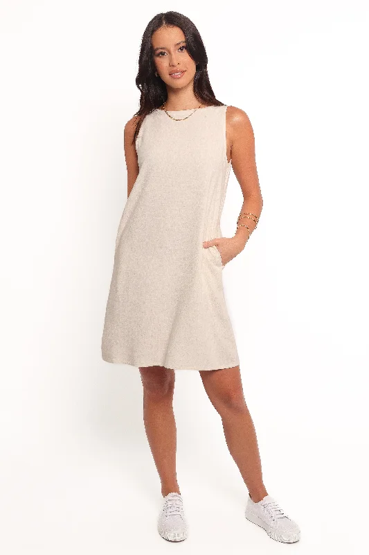 Enzo Mini Dress - Oatmeal Elegant Mini Dress with Pleats