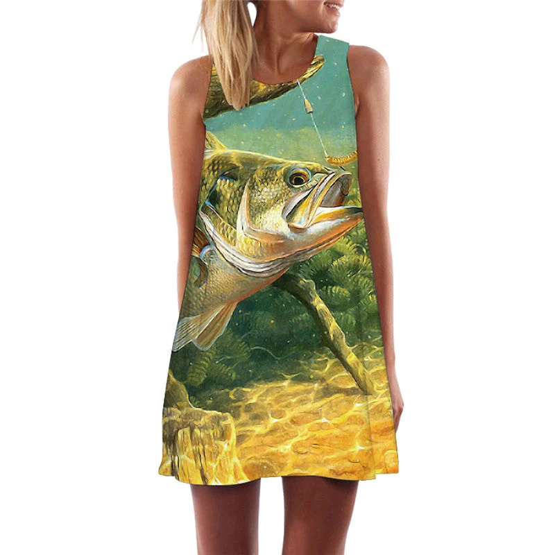 KYKU Brand Fish Dress Women Fisherman Korean Style Ocean Sundress Tropical Boho Animal Tank Womens Clothing Casual Gothic Cool