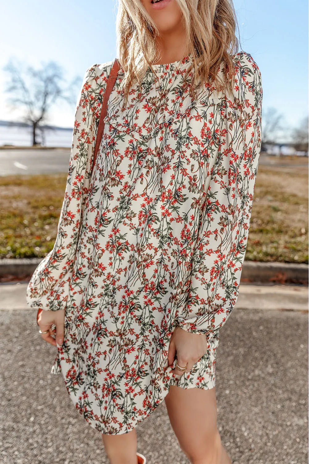 Floral Round Neck Long Sleeve Mini Dress Trendy Button-Detail Mini Dress