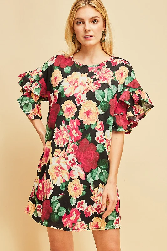 Floral Ruffle Sleeve Mini Dress Fashionable Pleated Mini Dress