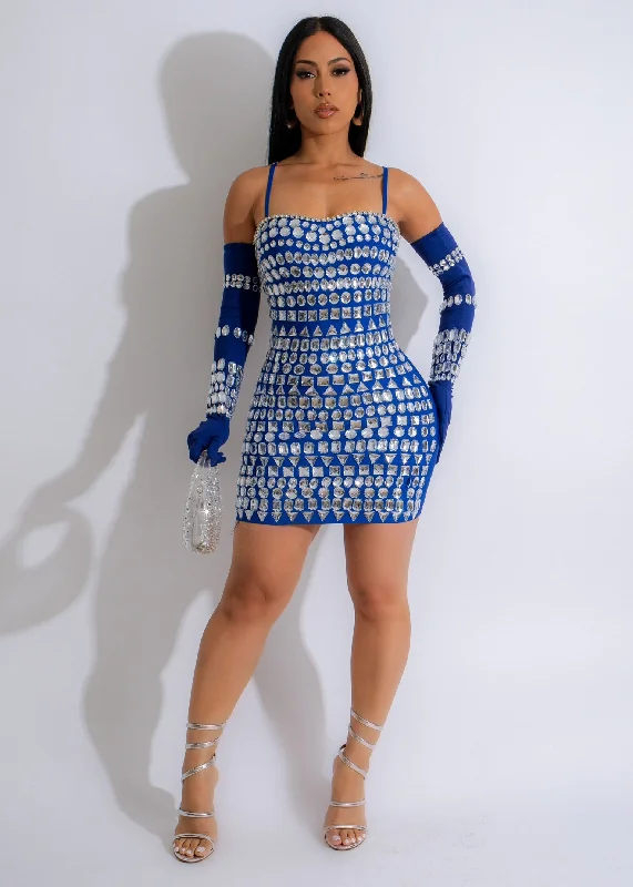 Glitz And Glam Bandage Rhinestone Mini Dress Set Blue Casual Mini Dress with Pockets