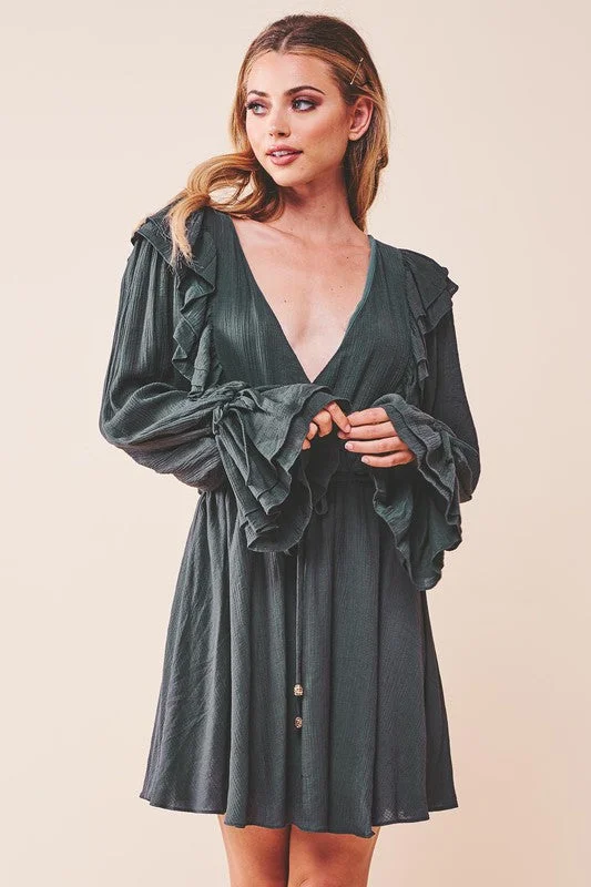 Green Ruffle Surplice Tied V-neck Dress
