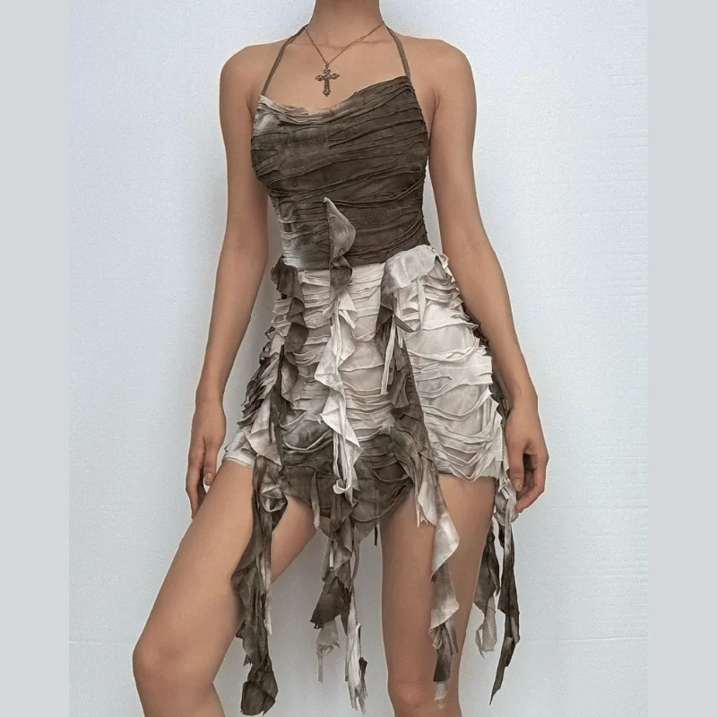 Halter tie dye ruffle backless cami mini dress Trendy Mesh Mini Dress