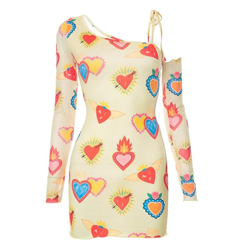 Heart print contrast irregular long sleeve mesh mini dress Classic Floral Mini Dress