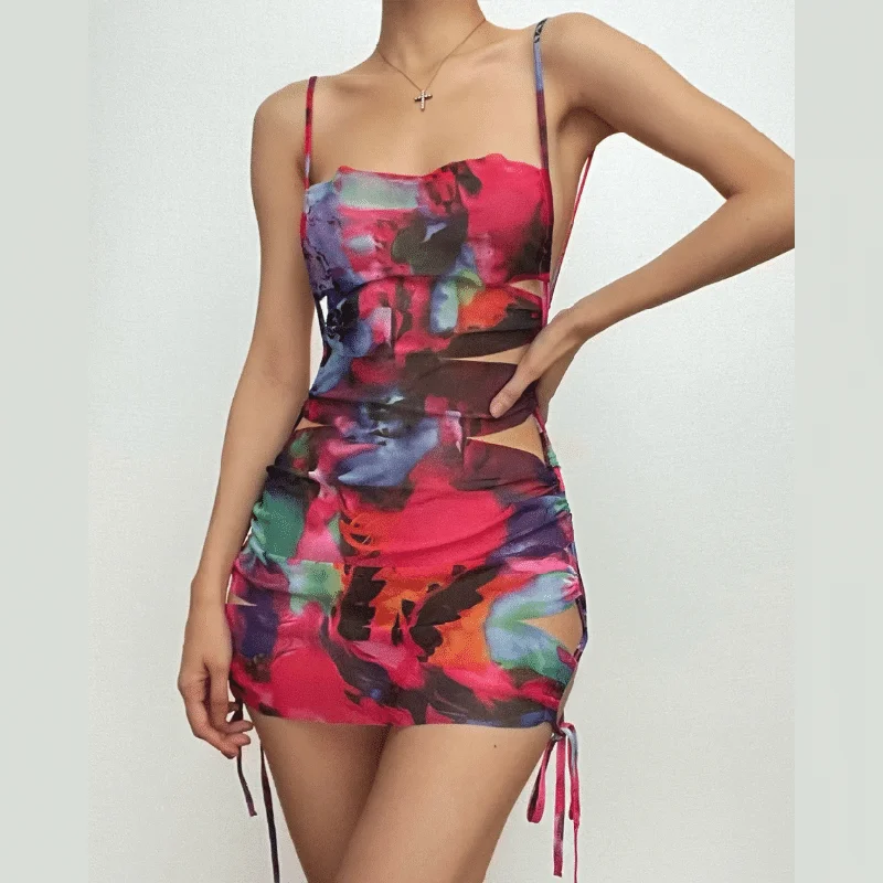 Hollow out flower print drawstring contrast cami cut out mini dress Classic Solid Mini Dress