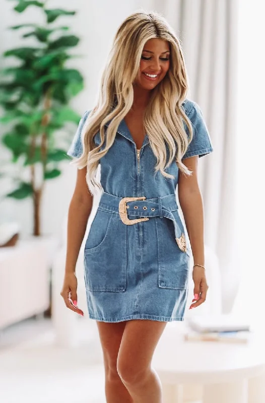 I Love Country Denim Mini Dress - Medium Wash Elegant Off-Shoulder Dress Mini