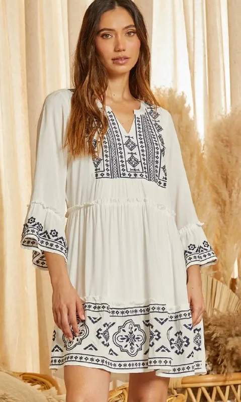 Ivory + Navy Embroidered Dress