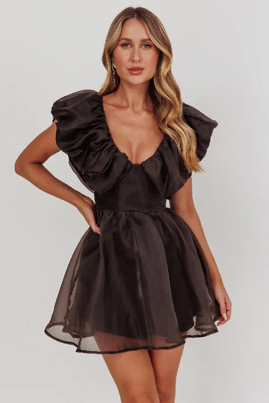 Kahlo Ruffle Neckline Mini Dress Black Fashionable Summer Mini Dress