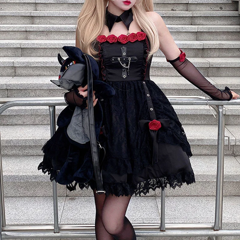 Lace Rose Color Block Black Gothic Lolita Dresses