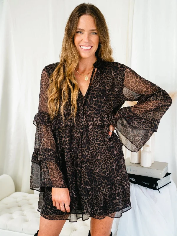 Brown Leopard Print Sheer Tiered Babydoll Dress
