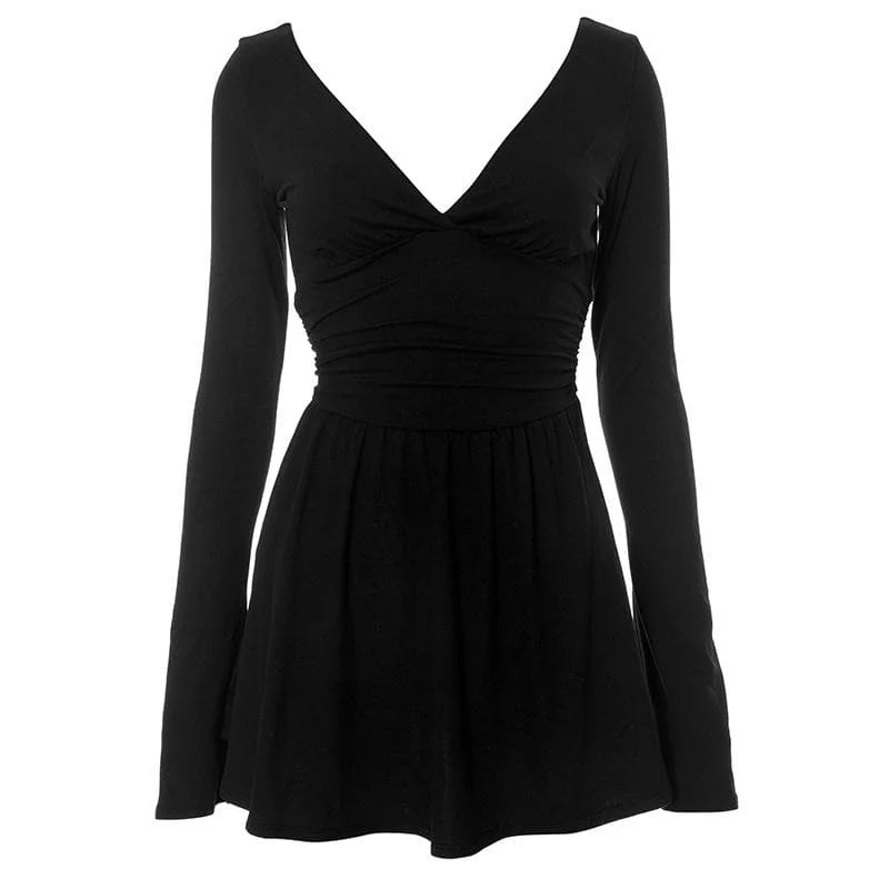 Long flared sleeve backless v neck ruched solid mini dress Classic Black Mini Dress