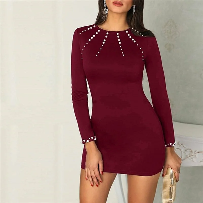 Amy Fashion - Long Sleeve O-neck Elegant Solid Slim Mini Dress Modern Satin Mini Dress