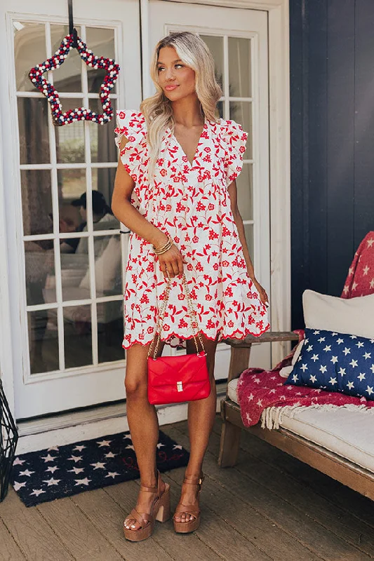 Ready For Vacay Embroidered Babydoll Dress in Red