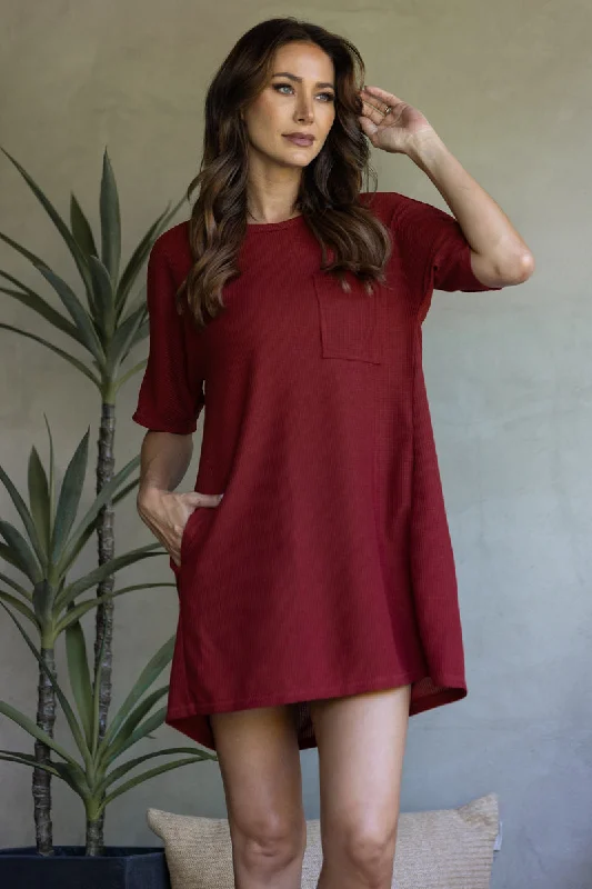 RUST RIBBED KNIT PATCH POCKET SHIRT MINI DRESS ND30183 Elegant Satin Lace Mini Dress