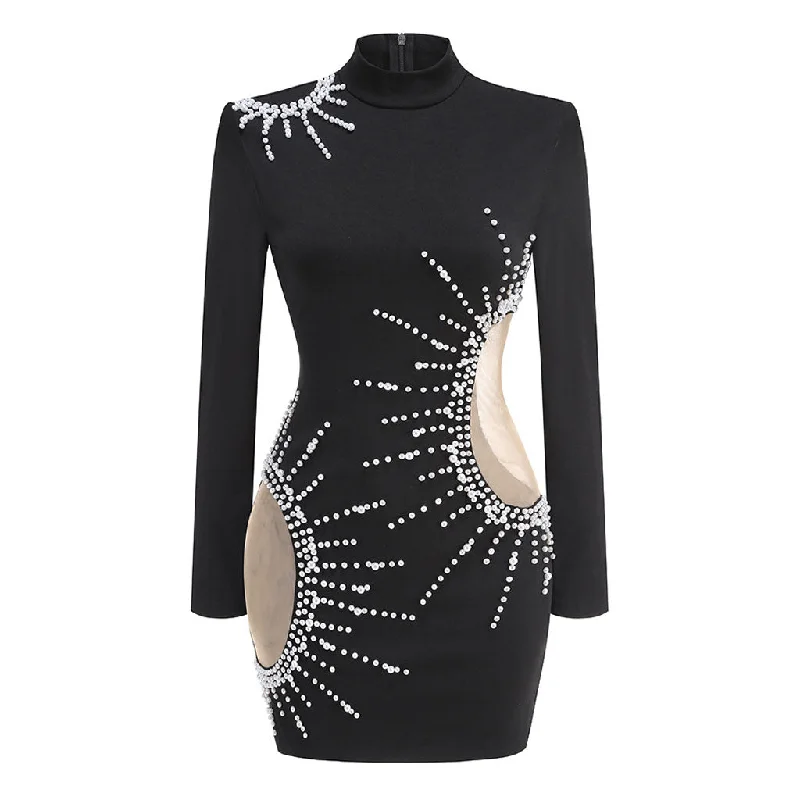 Sexy Mock Neck Faux Pearl Embellished Sheer Mesh Bodycon Mini Dress Chic Puff Sleeve Mini Dress