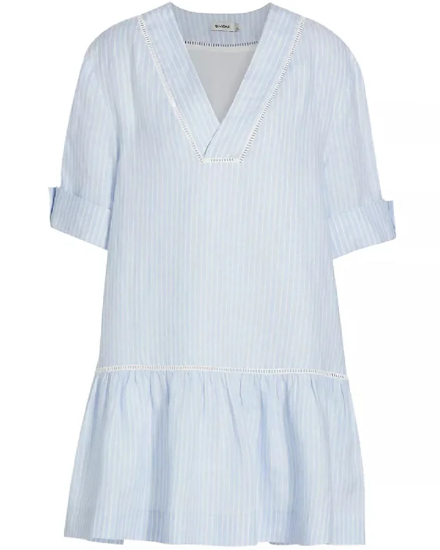 French Blue Stripe V Neck Jori Mini Dress Stylish Button-Down Mini Dress