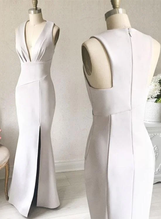 Simple Sliver , V-Neck Sheath Prom Dress,Long Formal Dress with Slit Side