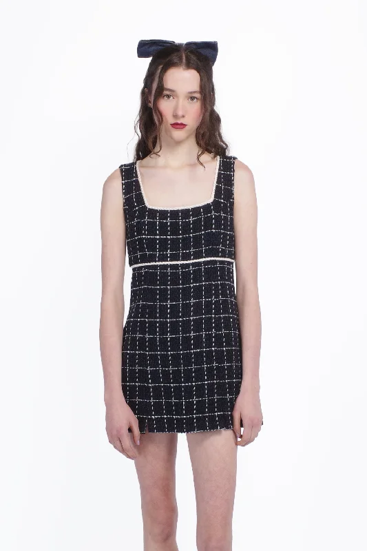 Windowpane Tweed Square Neck Mini Dress Cozy Wraparound Mini Dress