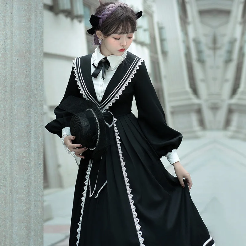 Two Piece Set Bowknot Lace Up Black Academic Classical Lolita OP Dress