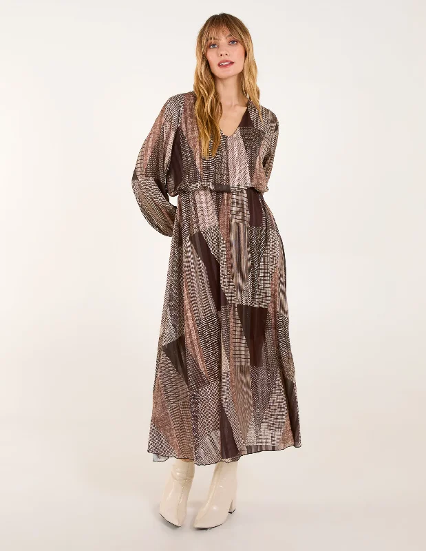 V Neck Metallic Patchwork Print Dress