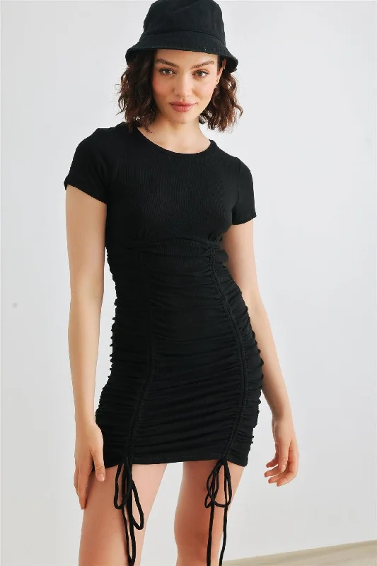 Black Ribbed Short Sleeve Ruched Mini Dress /3-2-1 Fashionable Summer Mini Dress