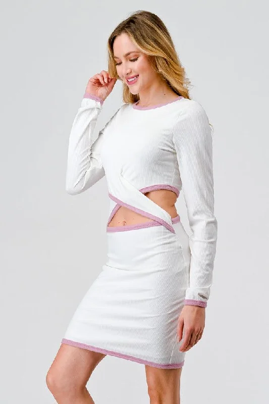 Ivory & Pink Ribbed Long Sleeve Cut-Out Criss-Cross Front Mini Dress /1-2-1-1 Casual Button-Up Mini Dress