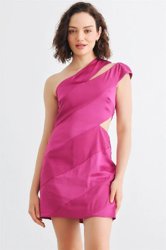 Magenta Satin Asymmetrical One Shoulder Cut-Out Mini Dress Classic Shift Mini Dress