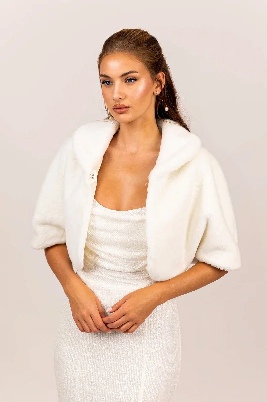 Carmela Faux Fur Collar Jacket - White Stand-Up Collar Roll-Neck Collar Turtle Neck