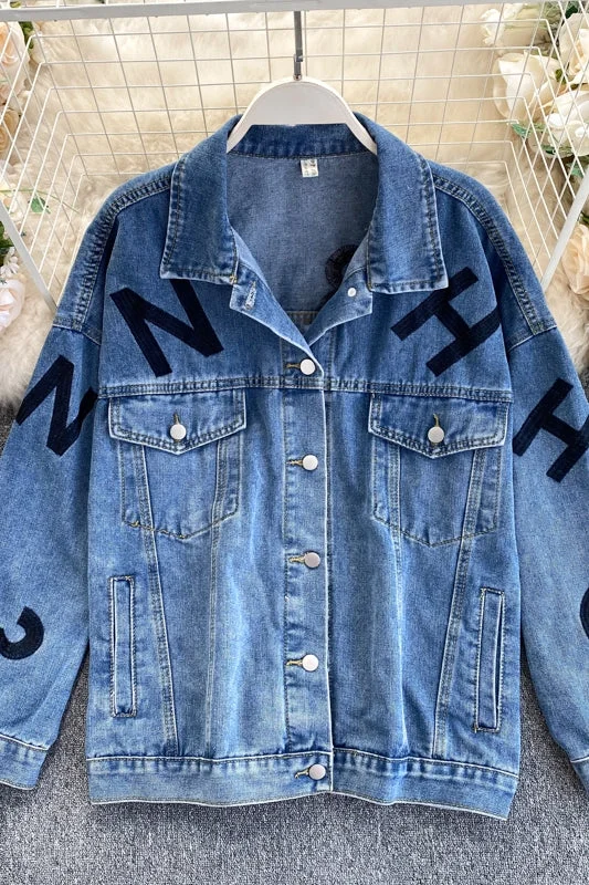 Denim Jacket Women's autumn new embroidery letter loose  1493 Chenille Jacket Brocade Jacket Lace Jacket