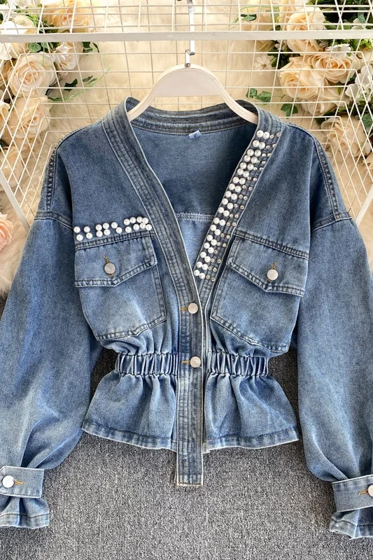Denim Jacket Women's design sense heavy industry nail bead V-neck slim fit 1489 One-Shoulder Jacket Off-the-Shoulder Jacket Asymmetrical Jacket Denim Jacket Women's design sense heavy industry nail bead V-neck slim fit 1489 One-Shoulder Jacket Off-the-Shoulder Jacket Asymmetrical Jacket
