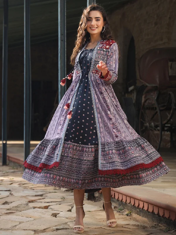 Jashvi Women Lavender Cotton Cambric Tribal Printed Maxi Dress with Jacket Tiered Jacket Buttoned Jacket Zippered Jacket Jashvi Women Lavender Cotton Cambric Tribal Printed Maxi Dress with Jacket Tiered Jacket Buttoned Jacket Zippered Jacket