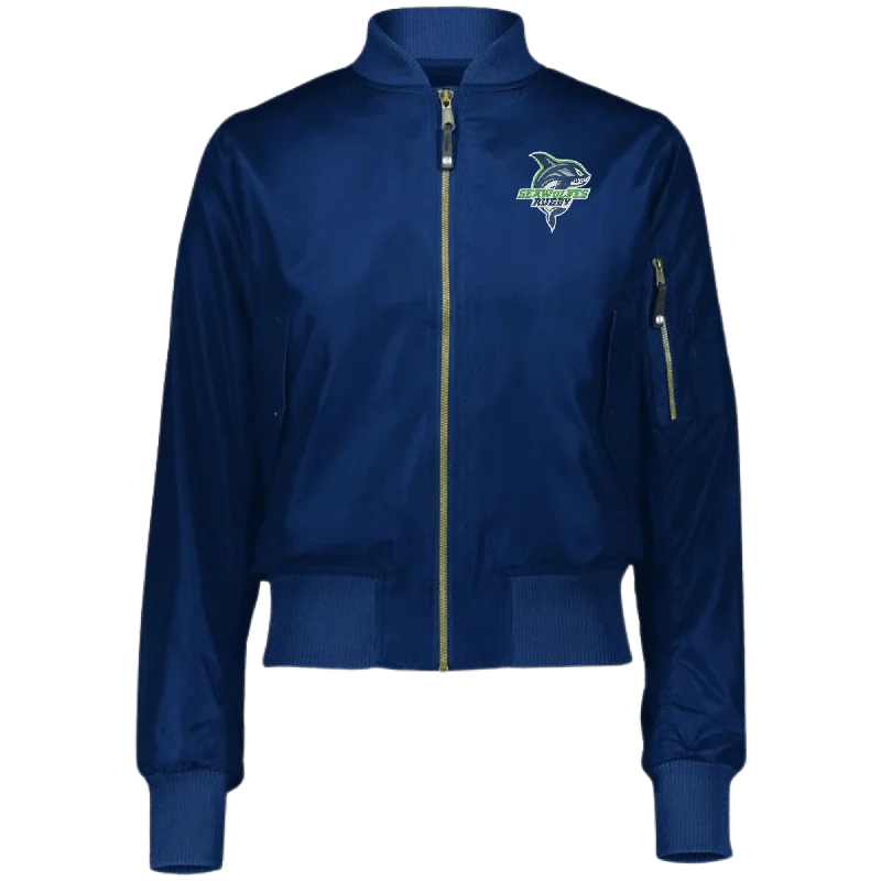 Seattle Seawolves Women's Flight Bomber Jacket Zippered Front Buttoned Front Snap Front Seattle Seawolves Women's Flight Bomber Jacket Zippered Front Buttoned Front Snap Front