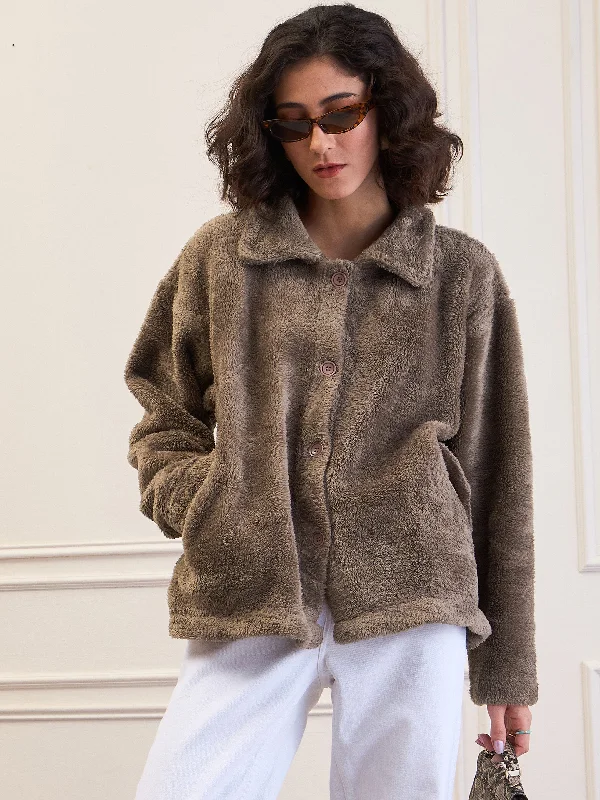Women Dark Grey Fur Flap Pockets Detail Jacket Zip Front Button Front Snap Front