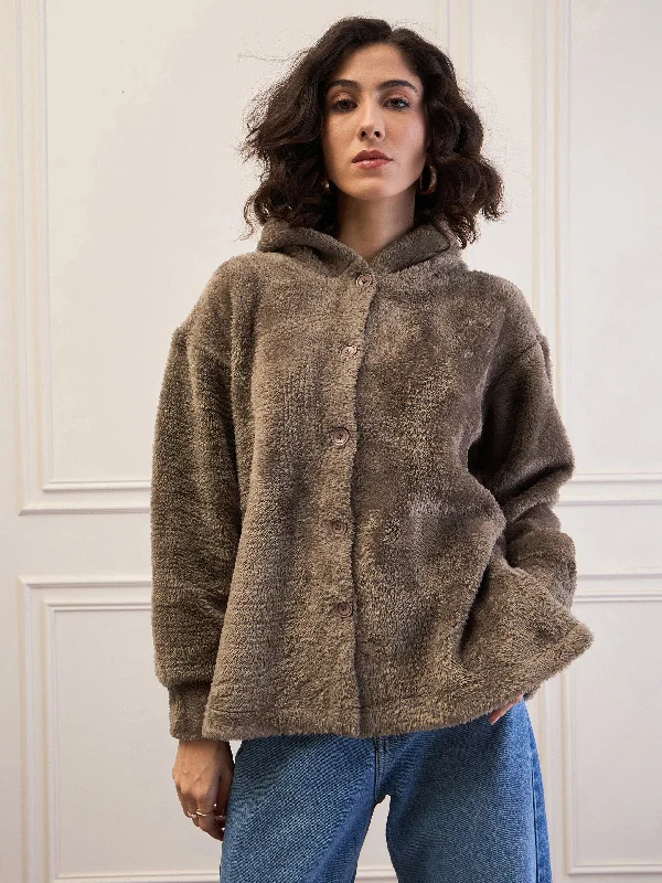 Women Dark Grey Fur Button Placket Hooded Jacket Elasticated Jacket Padded Jacket Insulated Jacket Women Dark Grey Fur Button Placket Hooded Jacket Elasticated Jacket Padded Jacket Insulated Jacket