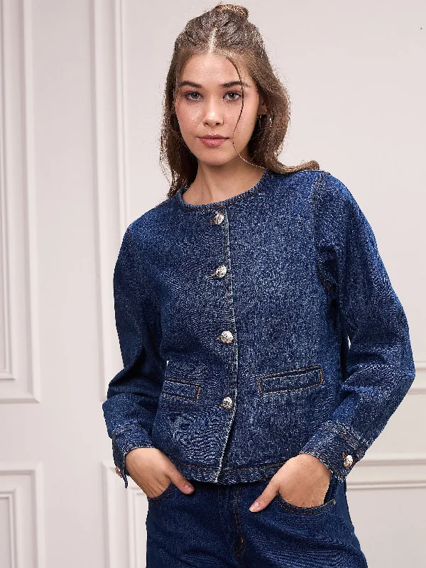 Women Blue Washed Denim Front Button Jacket Fleece Jacket Down Jacket Parka
