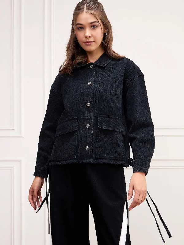 Women Black Washed Denim Front Pocket Jacket Print Jacket Jacquard Jacket Embroidered Jacket