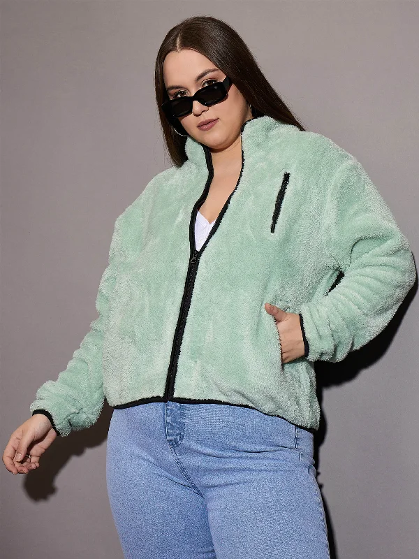 Women Green Faux Fur Contrast Piping Zipper Jacket Stand-Up Collar Roll-Neck Collar Turtle Neck Women Green Faux Fur Contrast Piping Zipper Jacket Stand-Up Collar Roll-Neck Collar Turtle Neck
