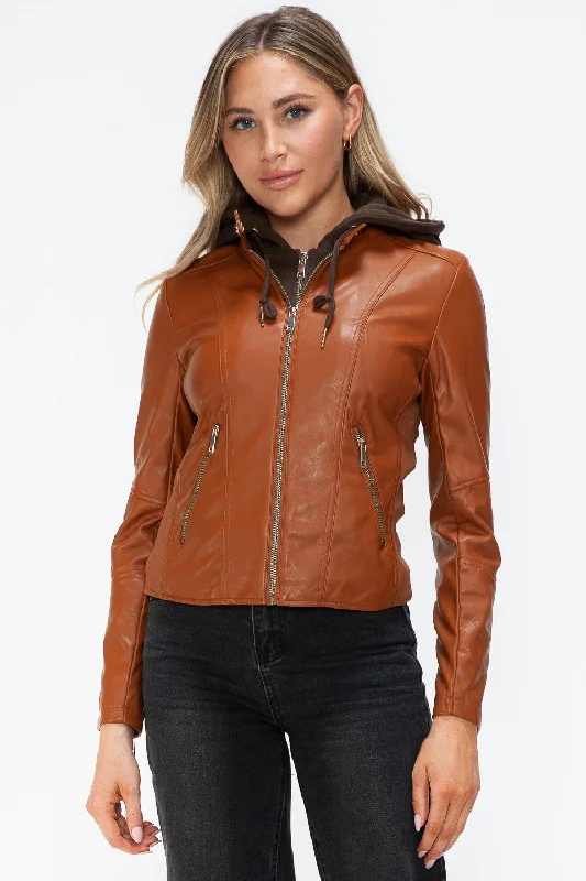 Snobbish Faux Leather Zip Up Drawstring Hooded Jacket In Camel Collared Jacket Crew Neck Jacket Turtle Neck Jacket Snobbish Faux Leather Zip Up Drawstring Hooded Jacket In Camel Collared Jacket Crew Neck Jacket Turtle Neck Jacket