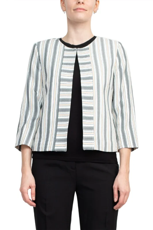 Tahari ASL Crew Neck 3/4 Sleeve Hook & Eye Stripe Print Twill Jacket Plaid Jacket Tartan Jacket Houndstooth Jacket