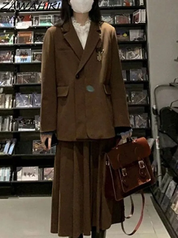 Vintage Brown Suit Coats Midi Skirt women Sets 90s Retro Blazer Turndown Collar Button-up Jackets Women Autumn Pleated Dress Satin Jacket Silk Jacket Chiffon Jacket