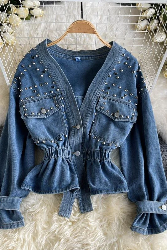 Waistband V-neck heavy industrial nail bead diamond design sense of minority denim jacket 1490 Faux Fur Jacket Real Fur Jacket Shearling Jacket Waistband V-neck heavy industrial nail bead diamond design sense of minority denim jacket 1490 Faux Fur Jacket Real Fur Jacket Shearling Jacket