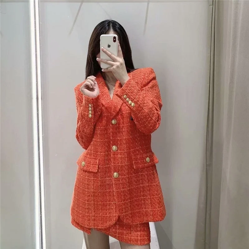 Woman Suits With Skirts Sets 2023 Tweed Office Single-Breasted Jacket Coat Midi Skirt 2 Piece Set Women Suit Wool Fabric Cashmere Fabric Tweed Fabric