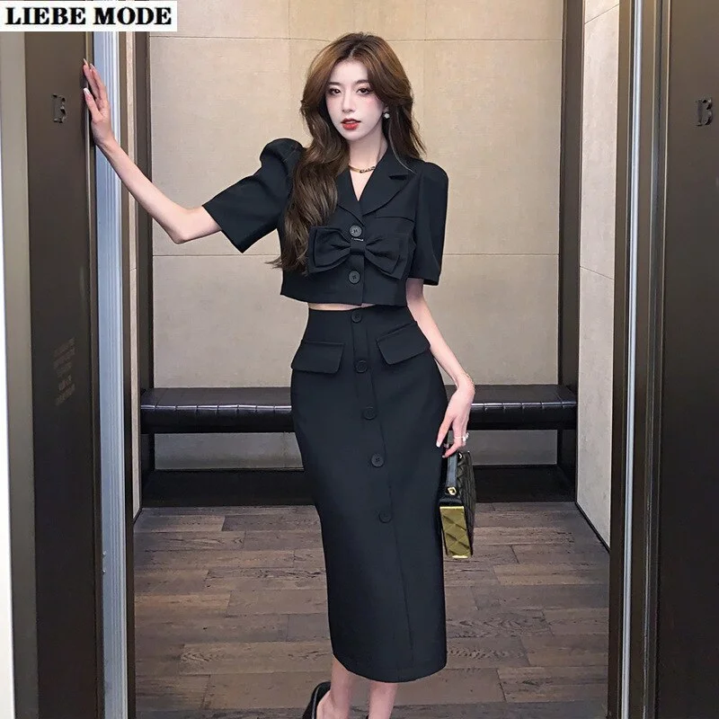 Women's 2 Two Piece Bow Tie Cropped Jacket Coat Midi Skirt Suit Womens Summer Autumn Blazer Set Outfits Knee Length Skirt Suite Anorak Shell Jacket Lightweight Jacket