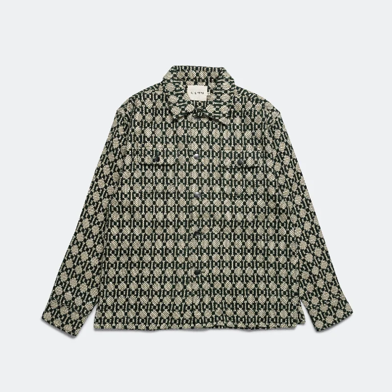 Work Jacket - Green Natural Weave Notch Collar Peter Pan Collar Cowl Neck