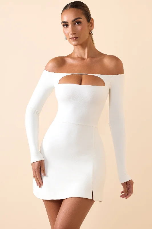 Modal Cut-Out Off-Shoulder A-Line Mini Dress in White Classic Shift Mini Dress
